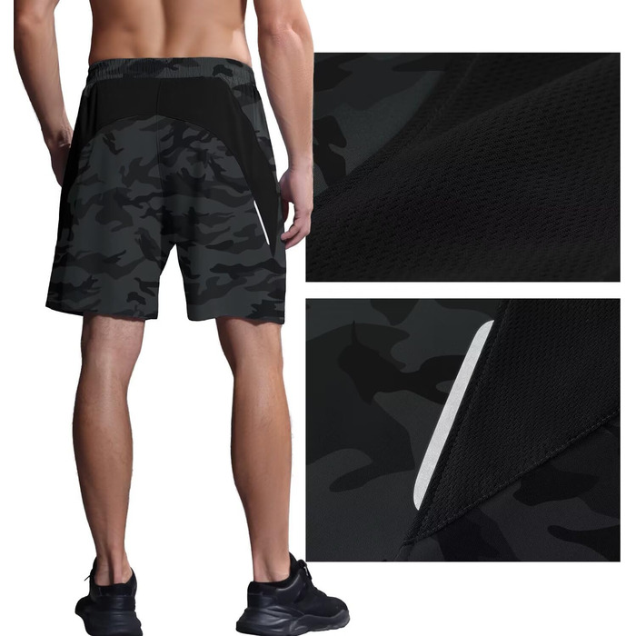 Шорти спортивні чоловічі HMIYA, шорти для бігу, дихаючі, з кишенею на блискавці, камуфляж сірий (6XL)