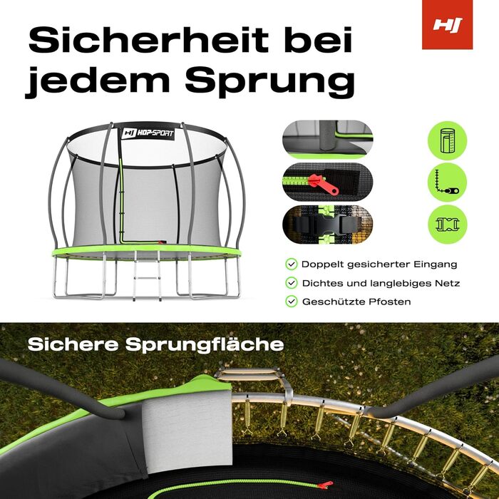 Трамплін Hop-Sport Outdoor - діаметр 244/305/366/427/488 см. З безпечним внутрішнім сіткою, вигнутими стійками та сертифікатами безпеки. Комплект з драбиною та захисним бордюром (305 см)