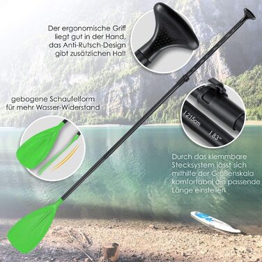 Весло KESSER 3-в-1 для каяка та SUP, алюмінієве, телескопічне 165-215 см, антиковзне, для сапборда, серфінгу, човна, зелене