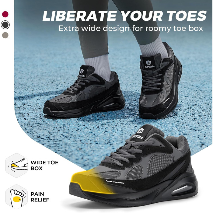 Жіночі кросівки FitVille для бігу та ходьби, широка колодка, повітряна амортизація, чорні