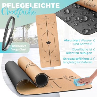 Йога мат KESSER® з натурального каучуку та TPE, 183x62 см, з сумкою та блоком для фітнесу та йоги