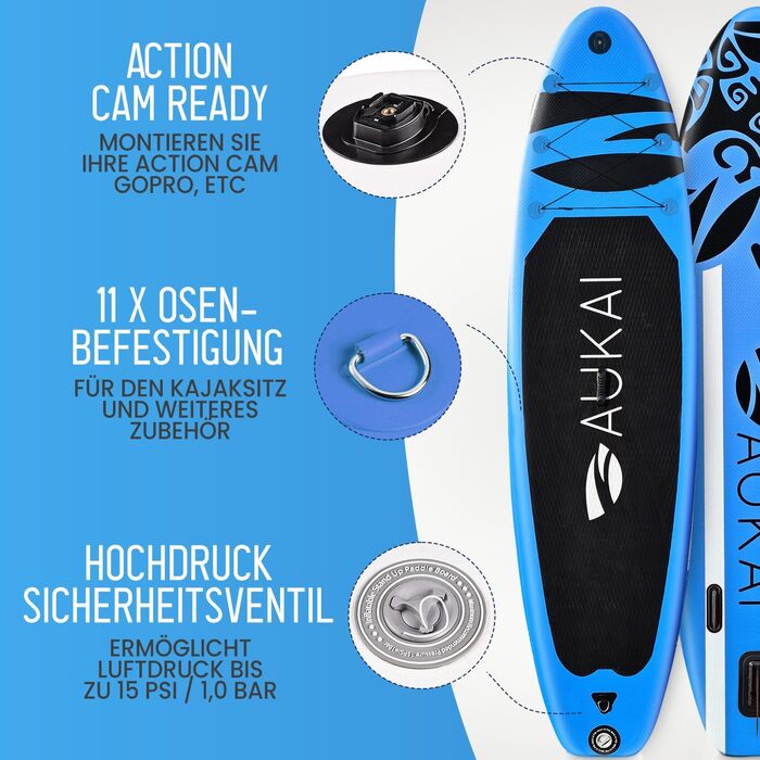 Надувний SUP Board AUKAI PRO 320см | 2-в-1 з каяком (сидіння в комплекті) | 5 років гарантія | Комплект: сидіння, кріплення для Action-Cam, фіксатор для ноги, насос, рюкзак | Колір: Ocean-Türkis