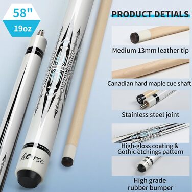Більярдний кий Horse Billiard з наконечниками 13 мм, 147 см, включає рукавички та крейду, для дорослих, дизайн Gotik, Ahorn/Eschenholz