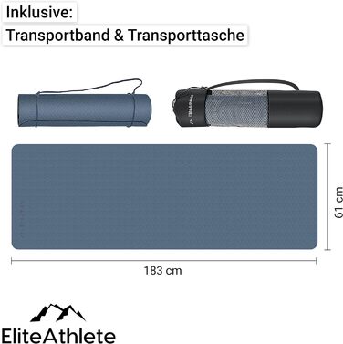 Килимок для йоги EliteAthlete 183x61x0,6 см, не ковзає, з ременем і чохлом, для фітнесу, пілатесу, спортзалу, чорний-синьо-синій