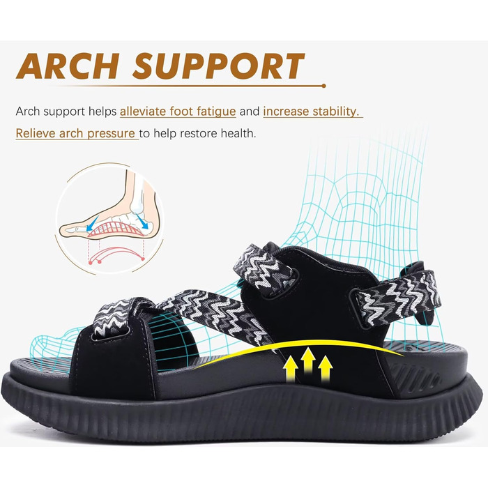 Сандалії жіночі KuaiLu для трекінгу та відпочинку: ортопедичні, зручні, дихаючі, літні, з регулюванням на липучці, для плоскостопості, чорні, 43 EU