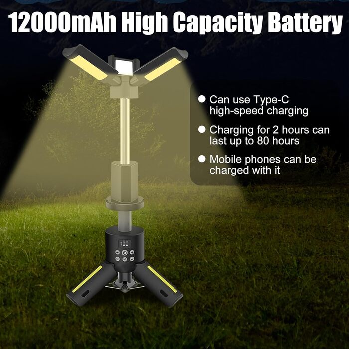 Ліхтар кемпінговий OBEST 12000 mAh LED магнітний з SOS, диммер, портативний акумулятор для походу та будівництва