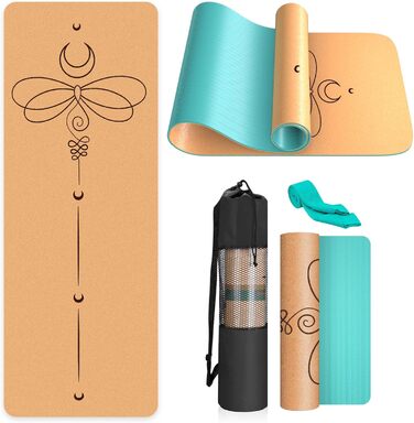 Килимок для йоги з корку Rutschfeste, натуральний каучук TPE, з сумкою, для дому, пілатесу, фітнесу, тренувань, турецький дизайн Мандала (Турецький - Ластівка)