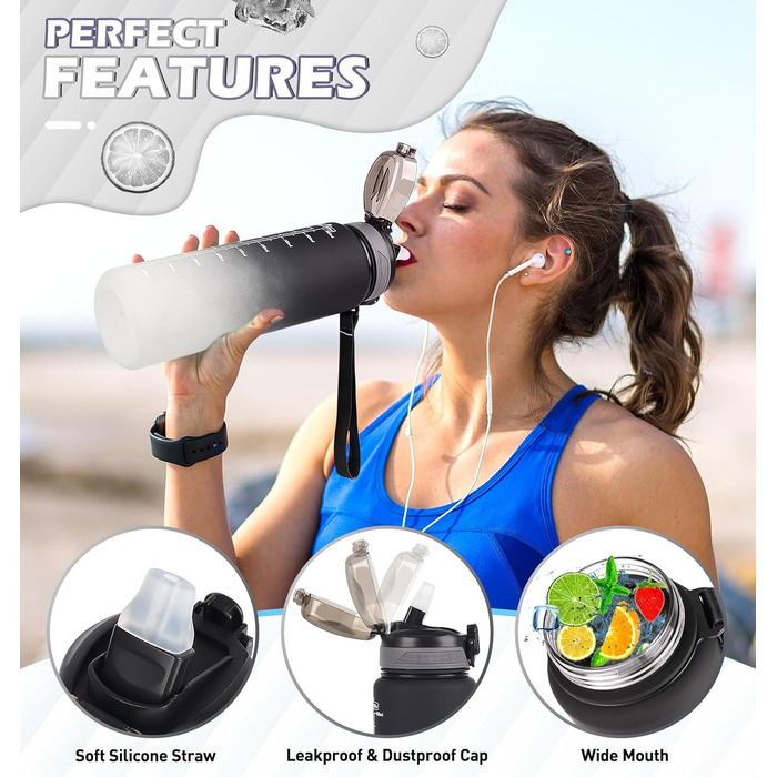 Водна пляшка CodiCile 1л зі трубочкою, спортивна, з маркуванням часу, чорно-сіра