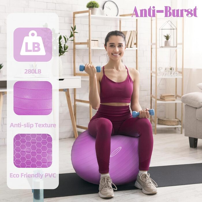 Фітнес-м'яч Signature Fitness 68–75 см, антивибуховий, нековзний, для йоги, тренувань і вагітних, з насосом, фіолетовий, XL, 2000 фунтів