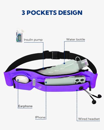 Поясна сумка WATERFLY для бігу та фітнесу: тримач для телефону, поясна сумка для джогінгу, спортивний пояс для жінок та чоловіків (Ліловий)