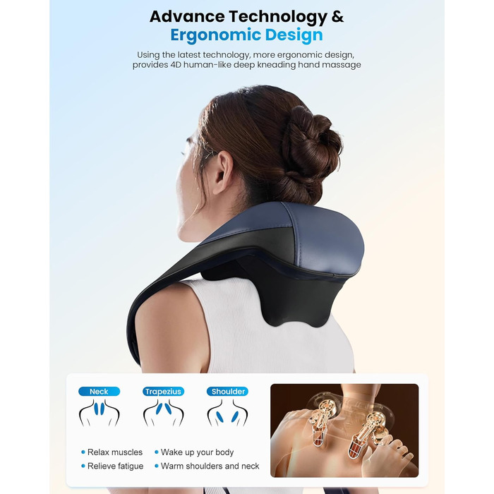 Масажер для шиї та плечей Comfier 2026 з графеновим підігрівом, 4D Shiatsu, бездротовий, для глибокого масажу шиї, плечей та спини, подарунок для жінок та чоловіків, темно-синій