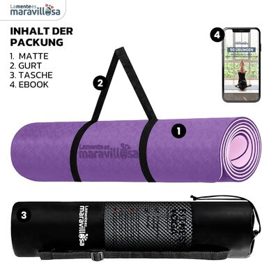 Килимок для гімнастики та йоги LA MENTE ES MARAVILLOSA з TPE, 183x61 см. Зручний для фітнесу, пілатесу, з сумкою та інструкцією. Захищає суглоби, для занять в приміщенні та на вулиці. Мандала, ліловий + рожевий