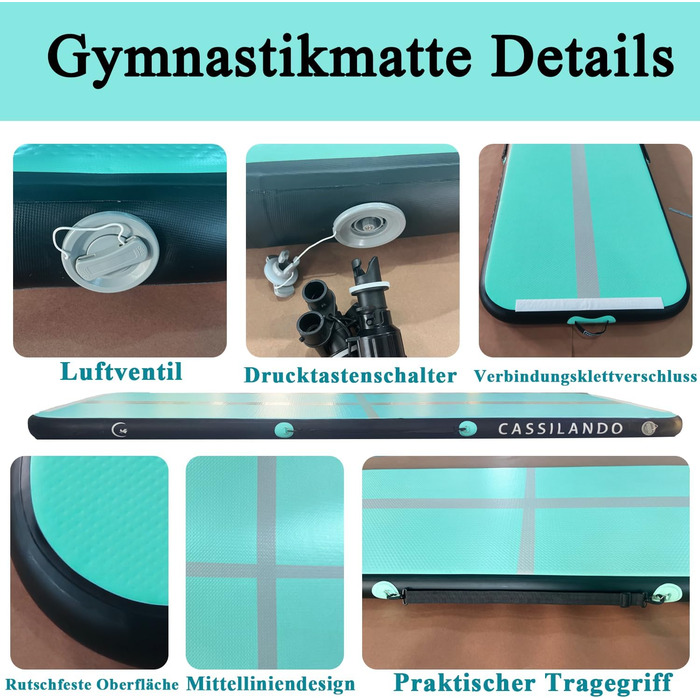 Airtrack CASSILANDO 300x100x10 см - Надувний мат для гімнастики, акробатики та йоги (М'ятний/Чорний)