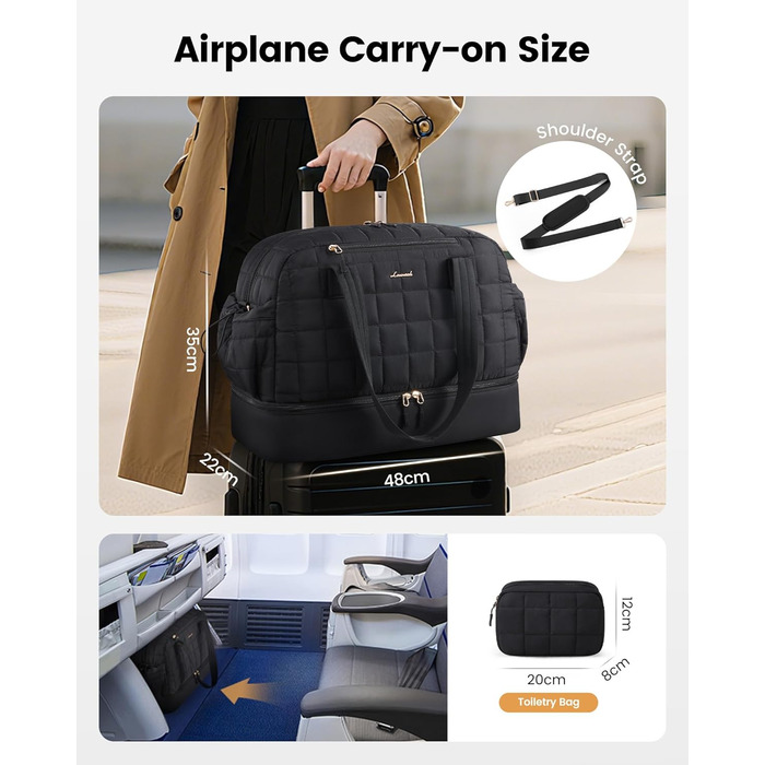 Сумка-валіза LOVEVOOK для жінок, 35L: легка дорожня сумка-шопер, спортивна сумка з відділенням для взуття та мокрих речей, ручна поклажа для подорожей, чорна