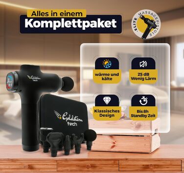 Масажний пістолет Goldstern tech Elite з тепловою та холодною функцією, 30 режимів, 9 насадок, для м'язової релаксації, з датчиком тиску, чорний