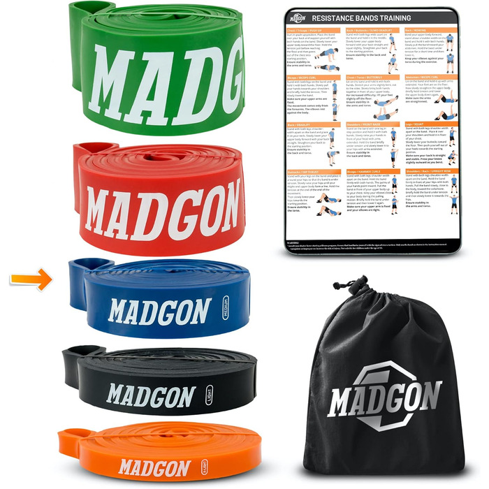 MADGON Стрічки для фітнесу: резистентні стрічки для тренувань. Набір стрічок для всіх груп м'язів, з мішком та PDF-інструкцією.