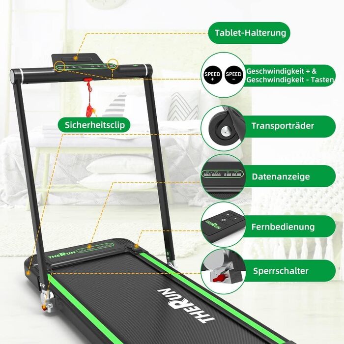 Електрична бігова доріжка THERUN Walking Pad, складана, зелена, ширина полотна 43 см, подвійна амортизація, сенсорний екран, 2.5 к.с., тиха робота, для дому та офісу