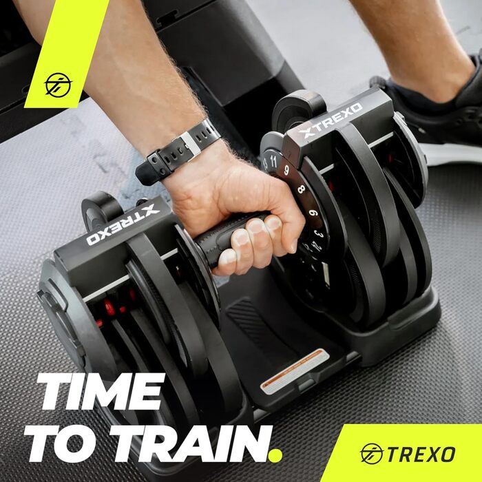 Регульована гантель TREXO 18-40 кг з поворотним регулятором ваги. Залізна гантель для силових тренувань з ергономічною ручкою.