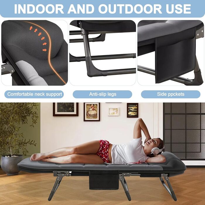 Кемпінгове ліжко AlpineAura - широке, складне, 190x65x30 см, 6 положень, для відпочинку на природі, чорне