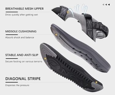 Чоловічі сандалії ONCAI Wandersandalen: сірі сандалії для піших прогулянок, пляжу та водних видів спорту з регульованими ремінцями, розмір 48 EU