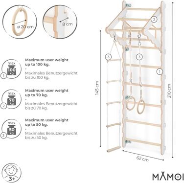 Дитячий спортивний комплекс MAMOI для дому: шведська стінка, кільця, турнік, ігровий куточок, для дітей від 3 років, білий