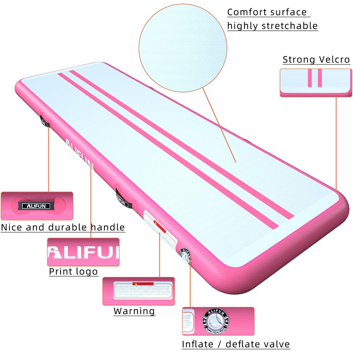 ALIFUN Надувний гімнастичний мат, 300x100x20 см, рожевий, товщина 20 см, для дому, фітнесу, челедингу, басейну