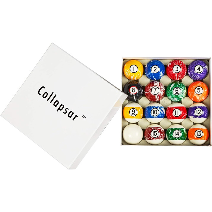 Набір куль для більярду Collapsar Deluxe, 5.4 см, стиль мармуру, 16 куль, повний комплект, білий мармур з чорним колом