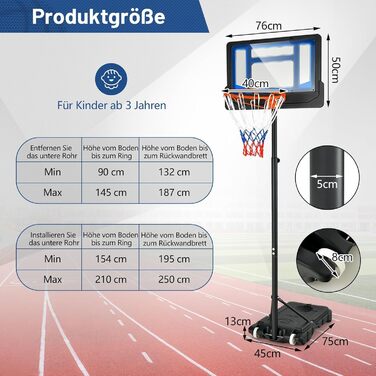 Баскетбольне кільце FANTASK з підставкою 90-210 см, на колесах, для дітей та підлітків, блакитне
