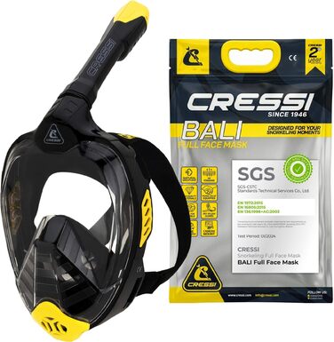 Маска для снорклінгу Cressi Bali Full Face - Повна маска з системою захисту від CO2, прозоре скло, 100% силікон, кріплення для камери, чорний/жовтий, L-XL