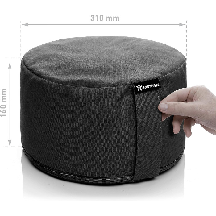 Подушка для йоги та медитації BODYMATE кругла 31 см, чорна. Наповнювач - лушпиння гречки, чохол - 100% бавовна.