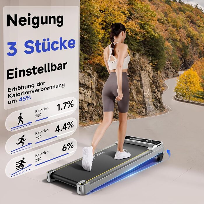 Walking Pad YPOO з регулюванням нахилу, 1-6 км/год: компактне бігове полотно для дому та офісу, до 140 кг, тихе, з LED-дисплеєм, пультом та APP, срібне