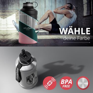 Спортивна пляшка з нержавіючої сталі ACTIVE FLASK 2,2 л з 3 кришками та трубочкою, BPA-free, герметична, підходить для газованої води, XL фляга для спорту, фітнесу, аутдору