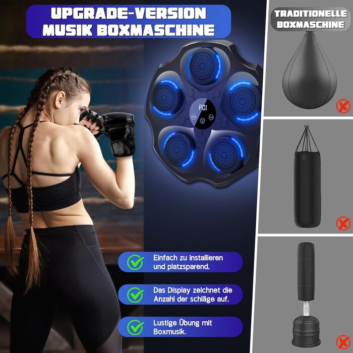 Музична боксерська машина Lvelfe з LED-підсвічуванням, Bluetooth, 9 режимів швидкості та лічильником, чорна