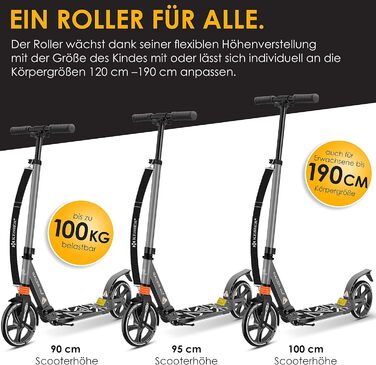 Самокат KESSER Cityroller Pro-S з великими колесами 205 мм, PU, з подвійною амортизацією, складаний та регульований по висоті, для дорослих і дітей
