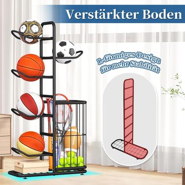 Стенд для зберігання баскетбольних м'ячів Ballständer: полиця для спортивного обладнання, відкидна стійка-тримач на 5 м'ячів та кошиків, баскетбольний кошик для регбі, волейболу, футболу