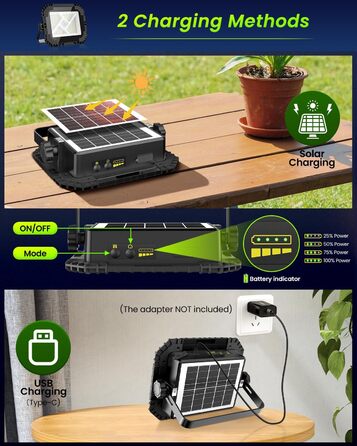 LED прожектор на акумуляторі CLV 200W, 20000mAh, IP66, вологостійкий, 4 режими, 2 рівні яскравості, USB, сонячна панель, для кемпінгу, будівництва, аварійне освітлення (чорний)