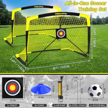 Ворота для футболу Happy Jump Pop-Up – складані для дітей та дорослих | 1 або 2 ворота: 120x90 / 152x110 / 213x152 см | З м'ячем, насосом, конусами та мішенню | Для саду та подарунка