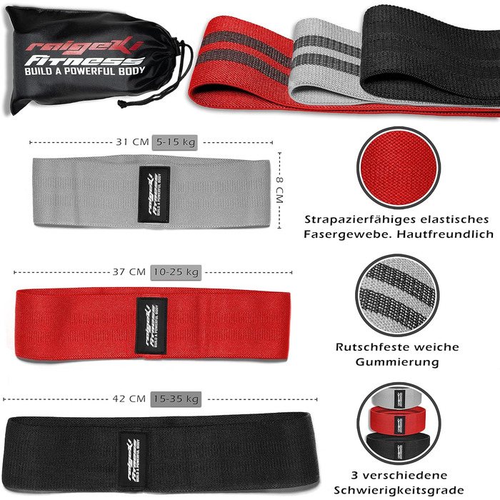 Стрічки для фітнесу Raigeki: набір 3 шт. + плани тренувань. Стрічки опору Loop, Theraband для стегон, ніг, сідниць, силових вправ (S-R-W)