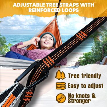 Гамак для кемпінгу NATUREFUN Ultraleicht | 300 кг, 275 x 140 см, дихаючий, швидковисихаючий, для відпочинку вдома, на природі, у саду (помаранчевий/сірий)