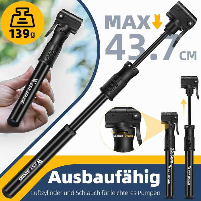 West Biking Mini насос для велосипеда - алюмінієвий насос для велосипеда, підходить для всіх типів вентилів, портативний, компактний, швидке накачування шин, легкий міні-насос для велосипеда, MTB, шосе, м'ячів, чорний