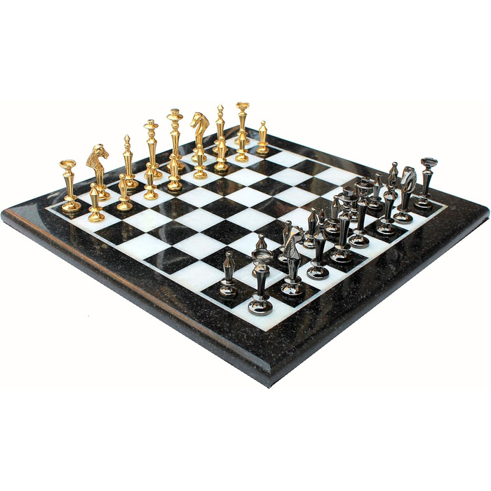Шаховий набір StonKraft з чорного та білого мармуру з фігурами з латуні – декоративний шаховий набір для дому
