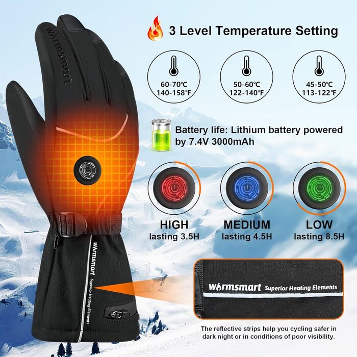 Гріючі рукавички з підігрівом 7.4V 3000mAh для жінок та чоловіків, вітронепроникні, з підігрівом, акумуляторні, для мотоциклів, катання на лижах, кемпінгу, чорні