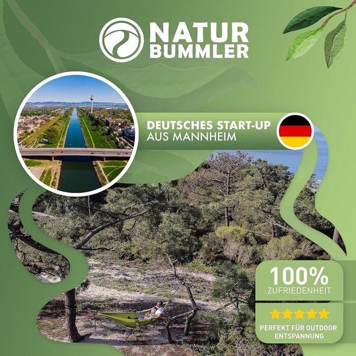 Гамак NATURBUMMLER® Outdoor з захистом для дерев [Tree Protec+] – 300x170 см, для 1-2 осіб – ультралегкий та вологостійкий – двошаровий гамак для кемпінгу, саду та відпочинку на природі (природний зелений колір)