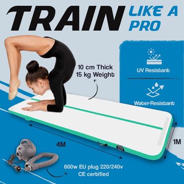 Гімнастичний надувний мат AirTrack Nordic Standard з насосом, 3/4/5/6/7/8 м, для гімнастики, йоги, дому. Міцна та легка.