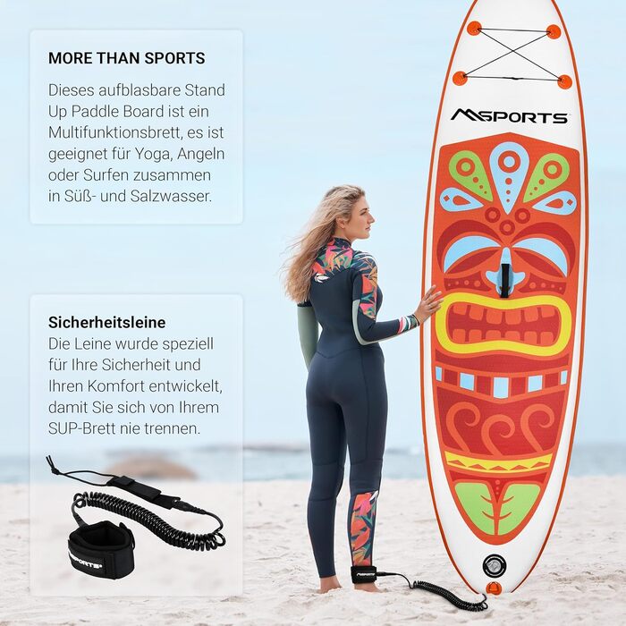 Надувна SUP-дошка MSPORTS з аксесуарами: регульоване весло, насос, 2 веслові стрижні, водонепроникний чохол для смартфона, багатофункціональна сумка, помаранчева