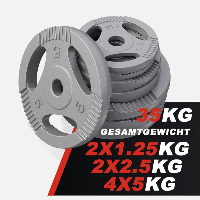 Набір гантелей GORILLA SPORTS 35 кг з SZ-грифом 120 см, чавунні диски 2x1,25 кг, 2x2,5 кг, 4x5 кг, діаметр 30 мм, рифлений хват, 2 замки-зірки