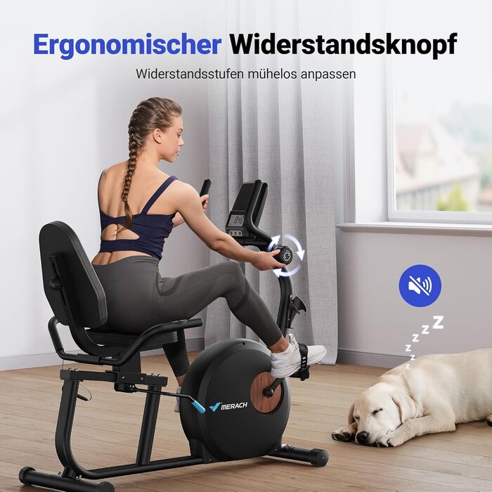 Велотренажер MERACH Liegeergometer для дому з 8 рівнями регулювання опору, Bluetooth, LCD-дисплеєм, датчиками пульсу та регульованою спинкою, чорний