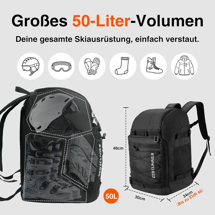 Рюкзак для лиж Zedelmaier 50L: для лиж, шолома, рукавиць та черевиків (до 45 розміру). Водонепроникний, чорний
