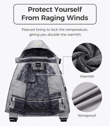 Чоловіча гірськолижна куртка Wantdo: теплий флісовий мантель, водонепроникна та дихаюча, з капюшоном, вітрозахист, сірий колір, розмір XL