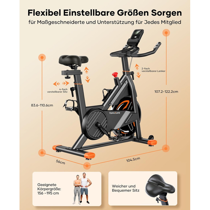 Велотренажер Neu Toputure з вимірюванням пульсу, 15 кг маховик, магнітний опір, до 160 кг, тримач для планшета, тримач для напоїв, помаранчевий